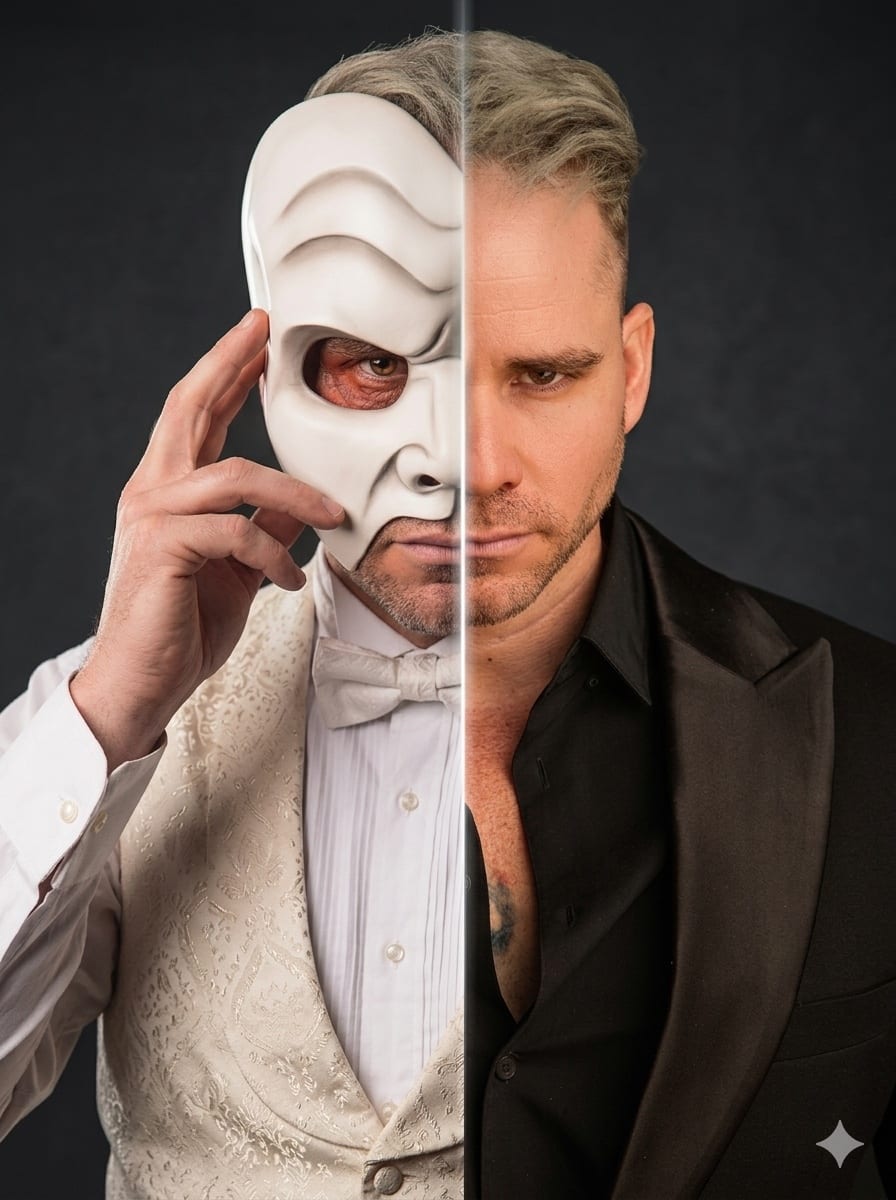 Edward Salles, half of his face as the Phantom behind the mask and half without it