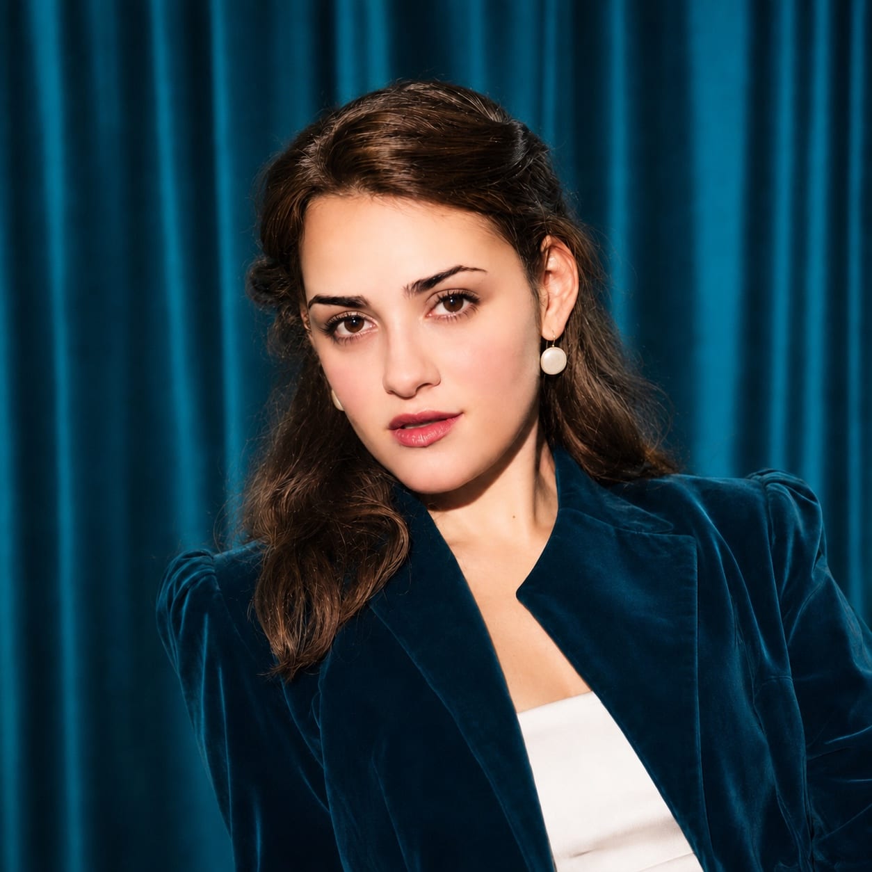Lina de la Peña in a blue velvet jacket against a blue curtain